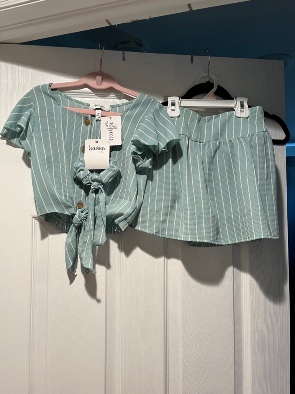 Speechless Girls Mint Green Striped Tie-Front Top & Skort Set